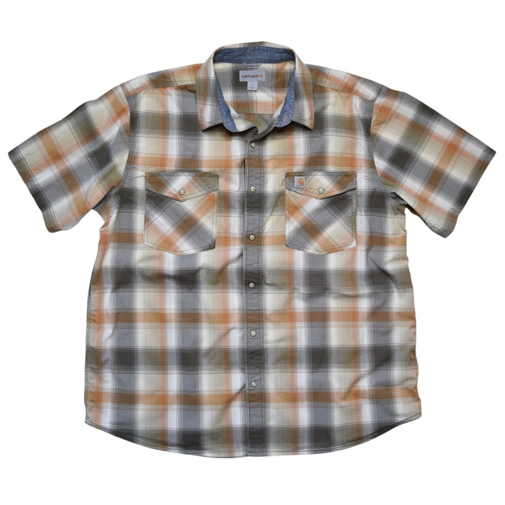 Carhartt Mens Shirt XL Rugged Flex Bozeman Pearl Snap Short Sleeve Plaid Western
